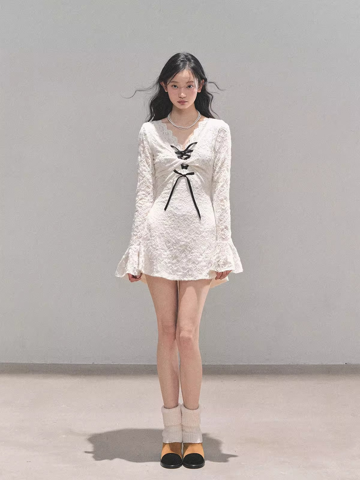 Lace Puff-Skirt V-Neck Mini Dress