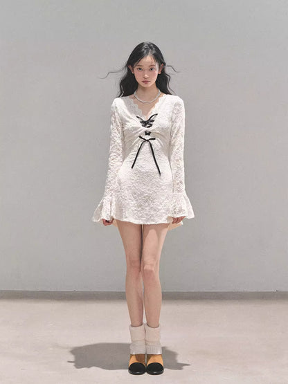Lace Puff-Skirt V-Neck Mini Dress
