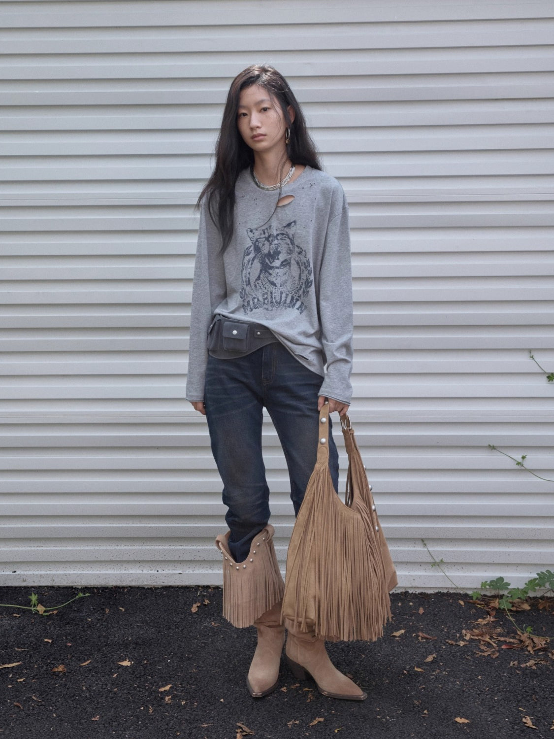 Vintage Cat &amp; Dog Print Distressed Long-Sleeve Tee - CHINASQUAD