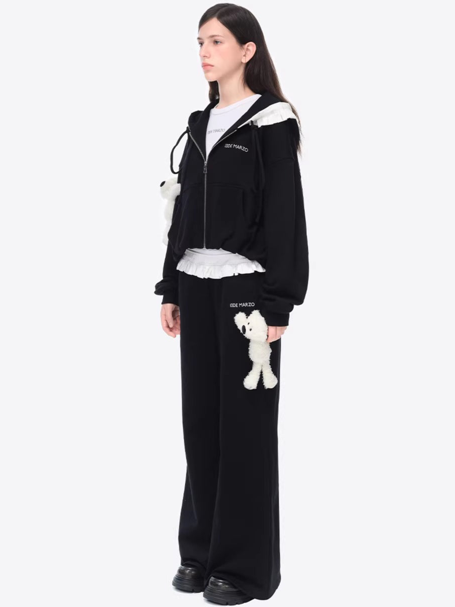 Ruffled Hooded Zip-Up Cropped Sweatshirt