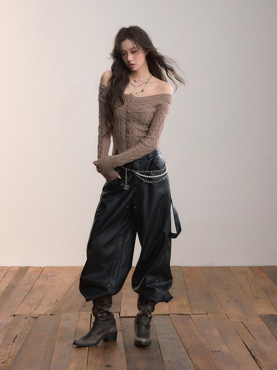 Gleam Rivet Strap PU Leather Pants