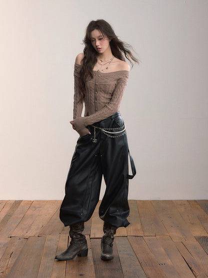 Gleam Rivet Strap PU Leather Pants