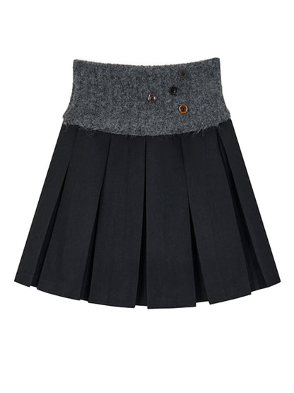 Patchwork Button Wool Pleated Skirt