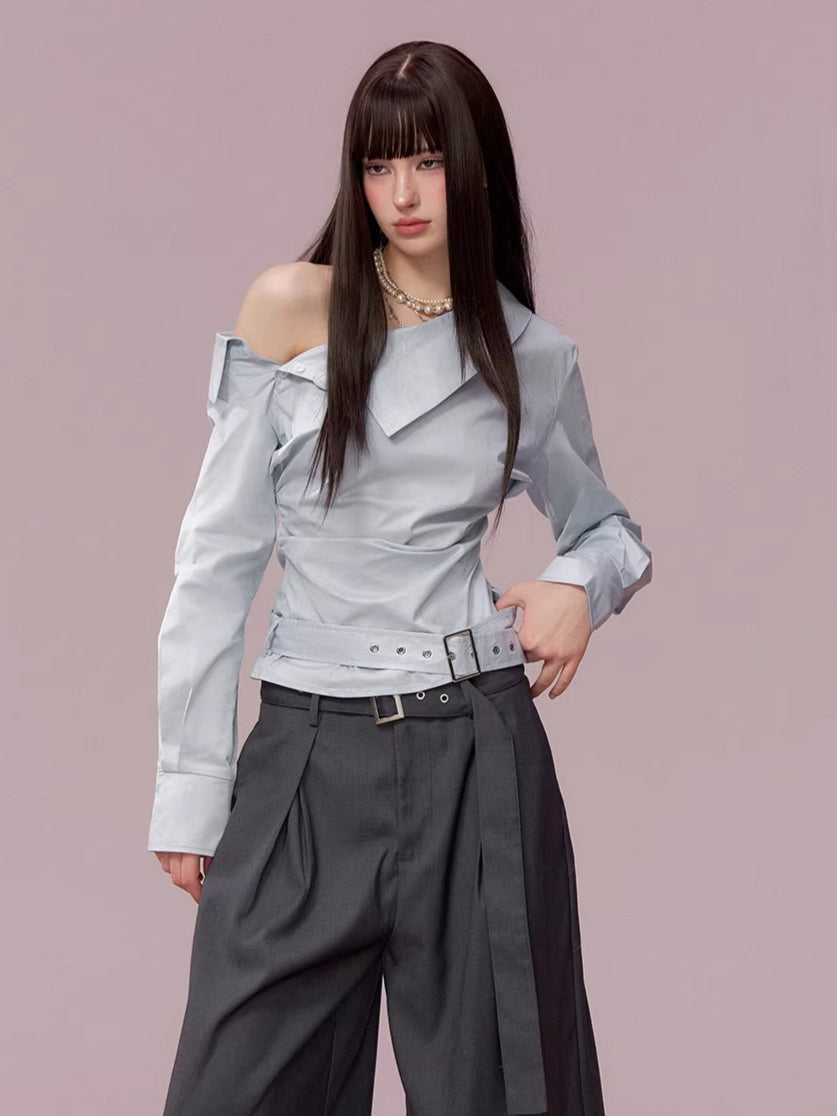 Ruched Belted Cropped Cotton Shirt