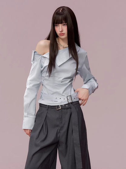 Ruched Belted Cropped Cotton Shirt