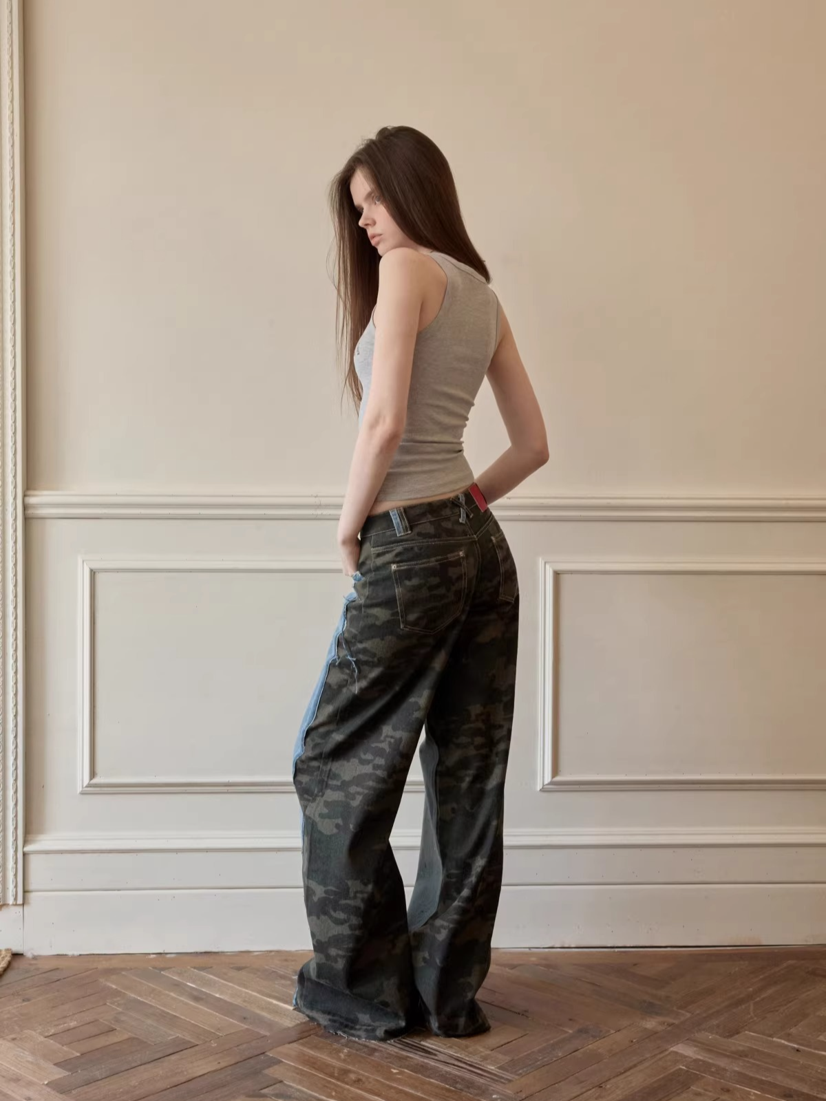 Camouflage Patchwork Denim Straight-Leg Jeans