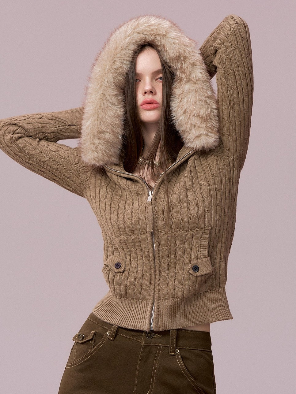 Faux-Fur Collar Cable-Knit Cardigan