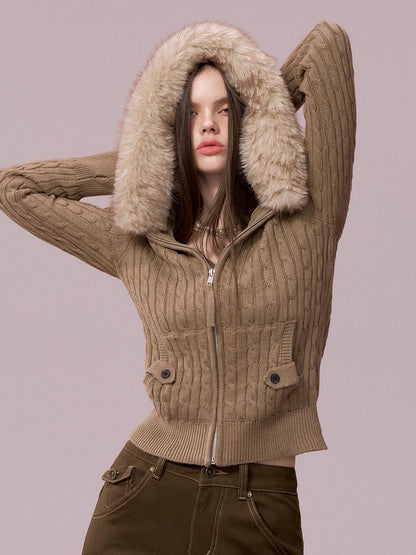 Faux-Fur Collar Cable-Knit Cardigan