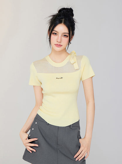 Hollow-out Tie-up Knit Round Neck Short Sleeve Top