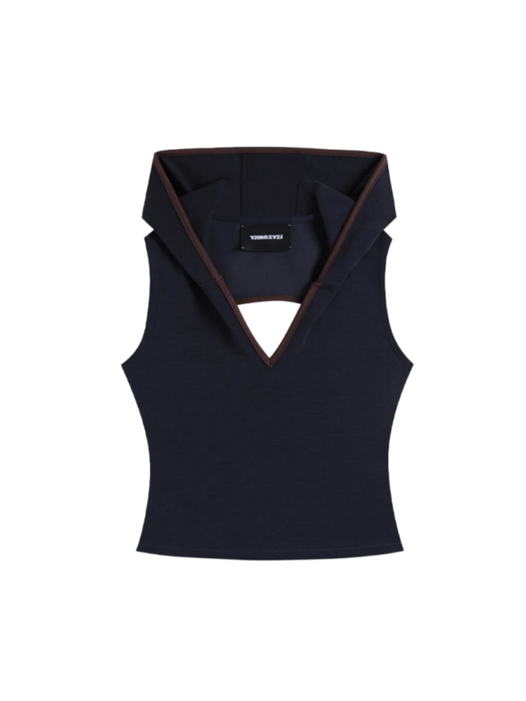 V-Cutout Hooded Sleeveless Trim Top In Dark Blue