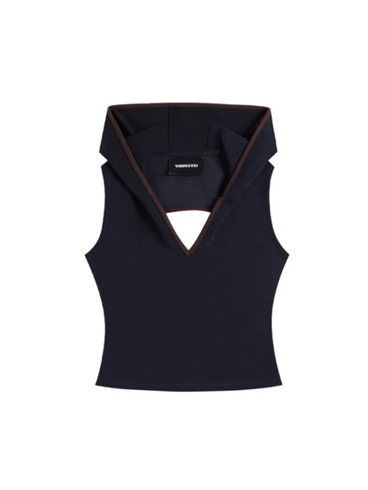 V-Cutout Hooded Sleeveless Trim Top In Dark Blue
