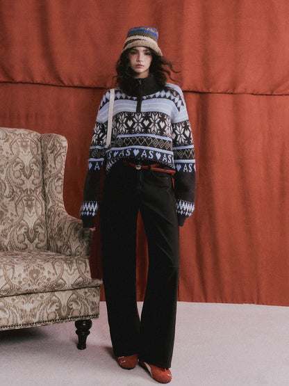 Red Belt Decor Curved-Hem Denim Wide-Leg Jeans