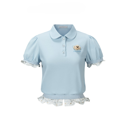 Smocked Puff Sleeve Layered Polo Tee