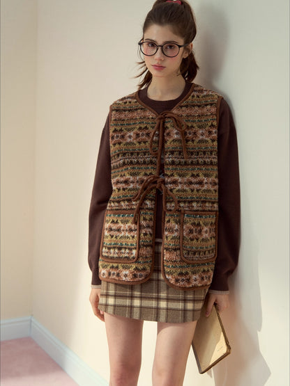 Mocha Fair Isle Reversible Tie-Front Shearling Vest