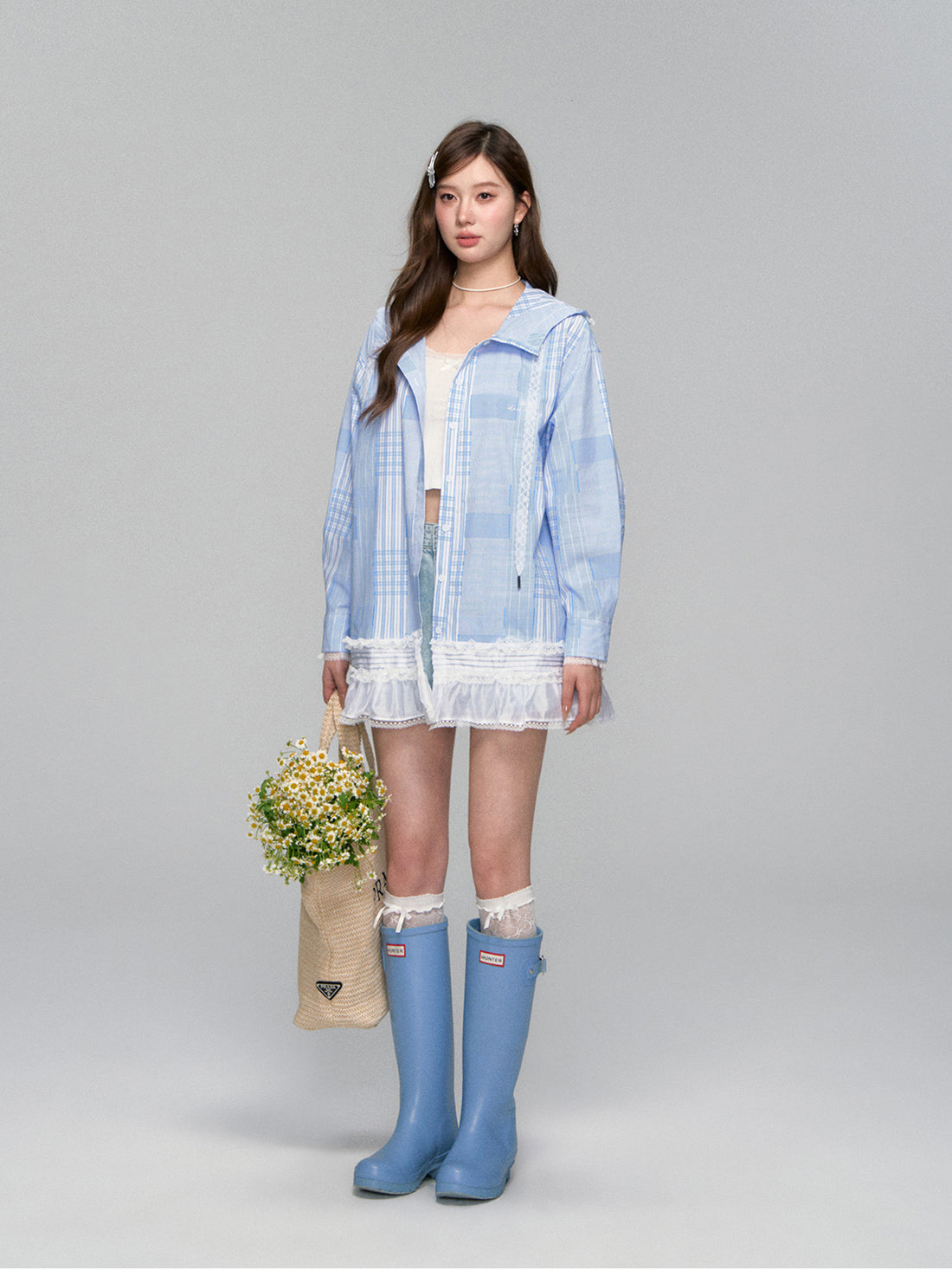 Plaid Lace-Trimmed Hooded Shirt Jacket