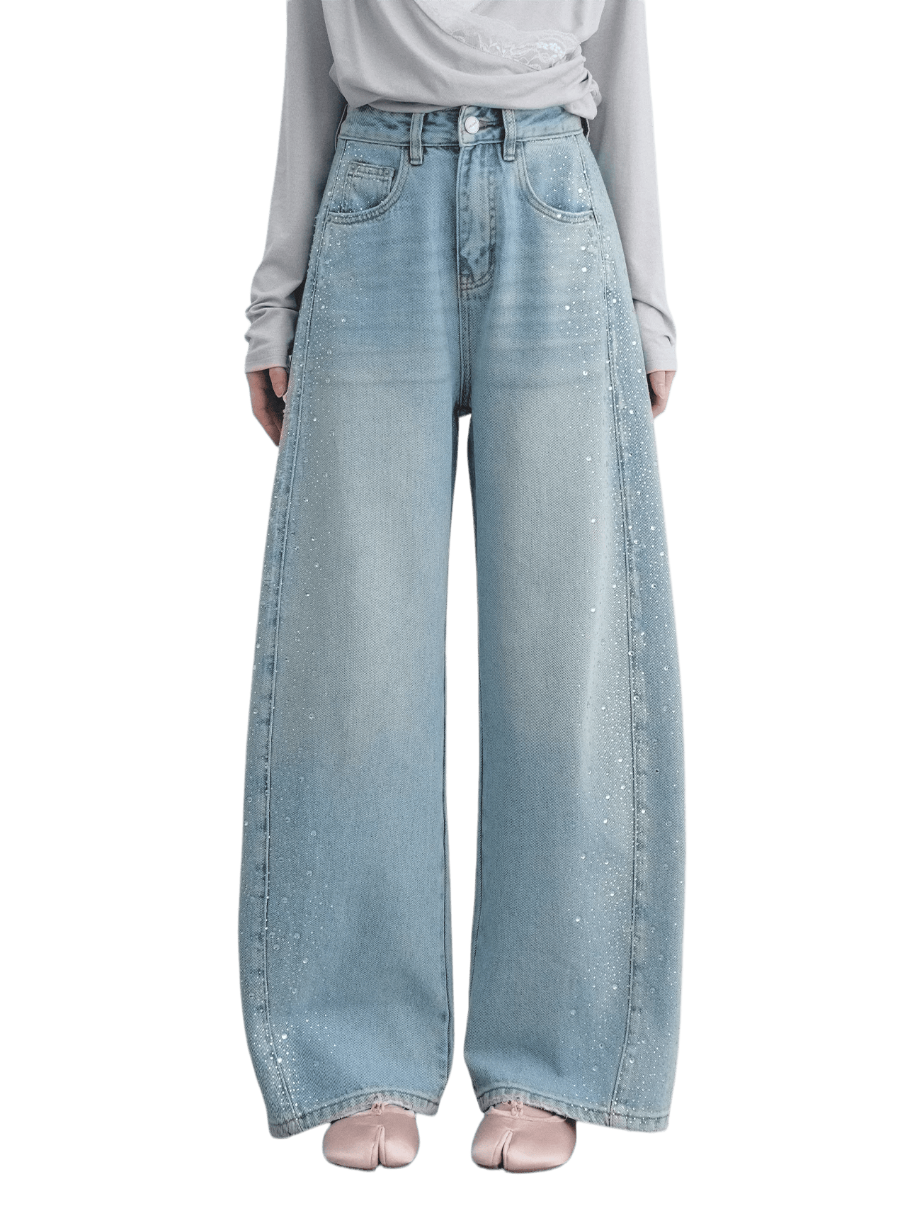 Lyocell Washed Rhinestone Curved-Leg Wide Denim Pants