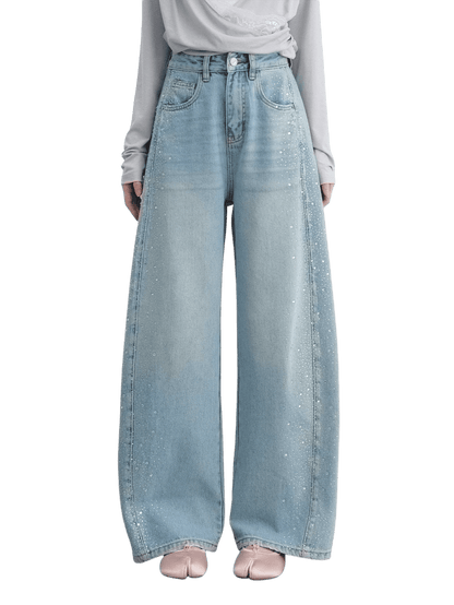 Lyocell Washed Rhinestone Curved-Leg Wide Denim Pants