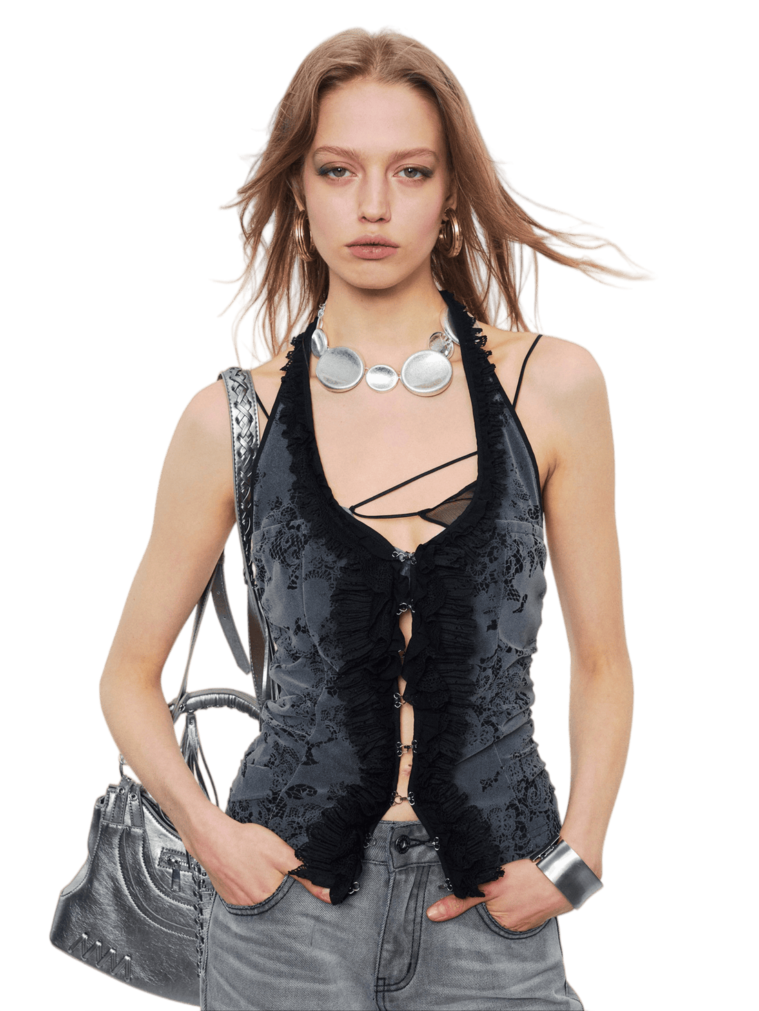 Lace Ruffle Floral Halterneck Camisole