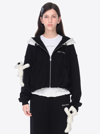 Ruffled Hooded Zip-Up Cropped Sweatshirt