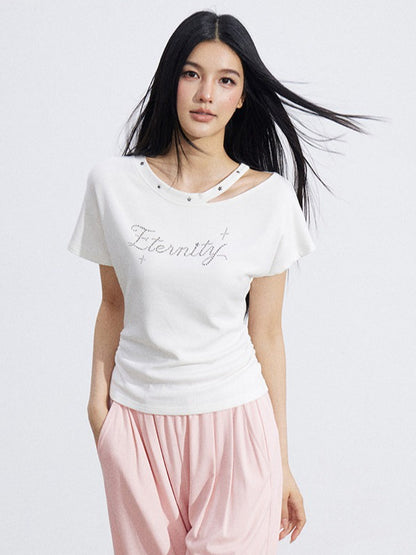 Rhinestone Off-Shoulder Slim-Fit T-Shirt