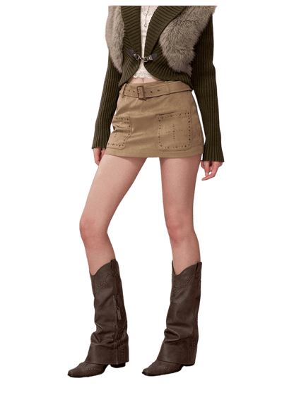 Studded Belted A-Line Mini Skirt