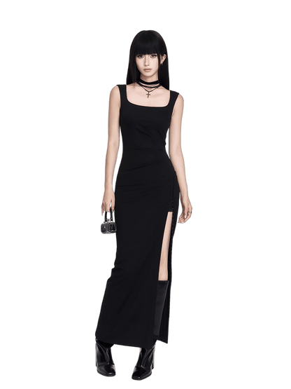 Waist-Cinching Little Black Maxi Dress