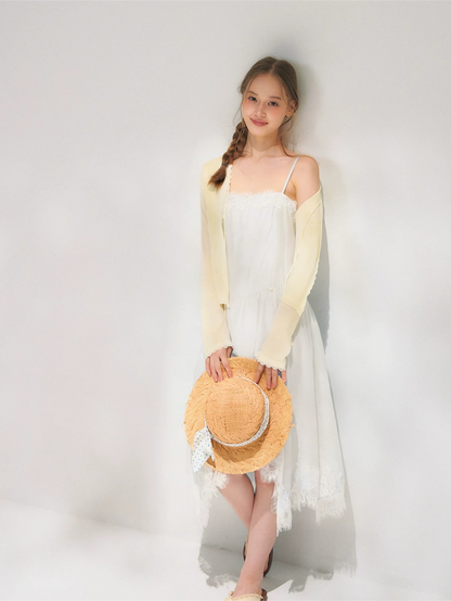 Asymmetric Lace-Trim Slip Midi Dress