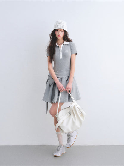 Contrast Polo Collar Puff Dress Two-Piece Set