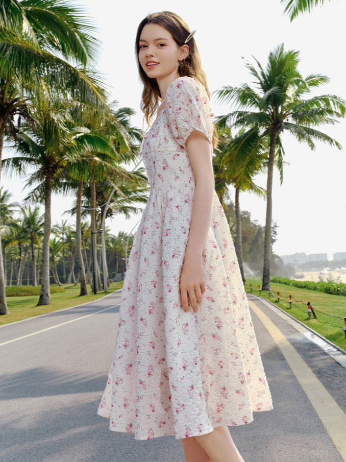 Off-white Square-neck Floral Puff Sleeve Dress