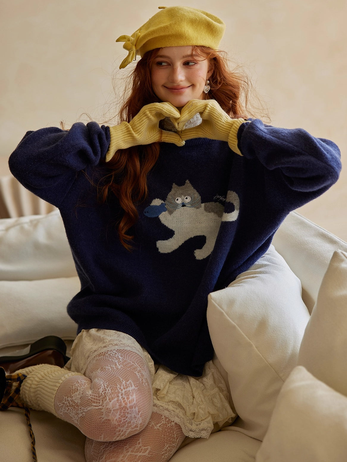 Cat Jacquard Embroidered Knit Sweater