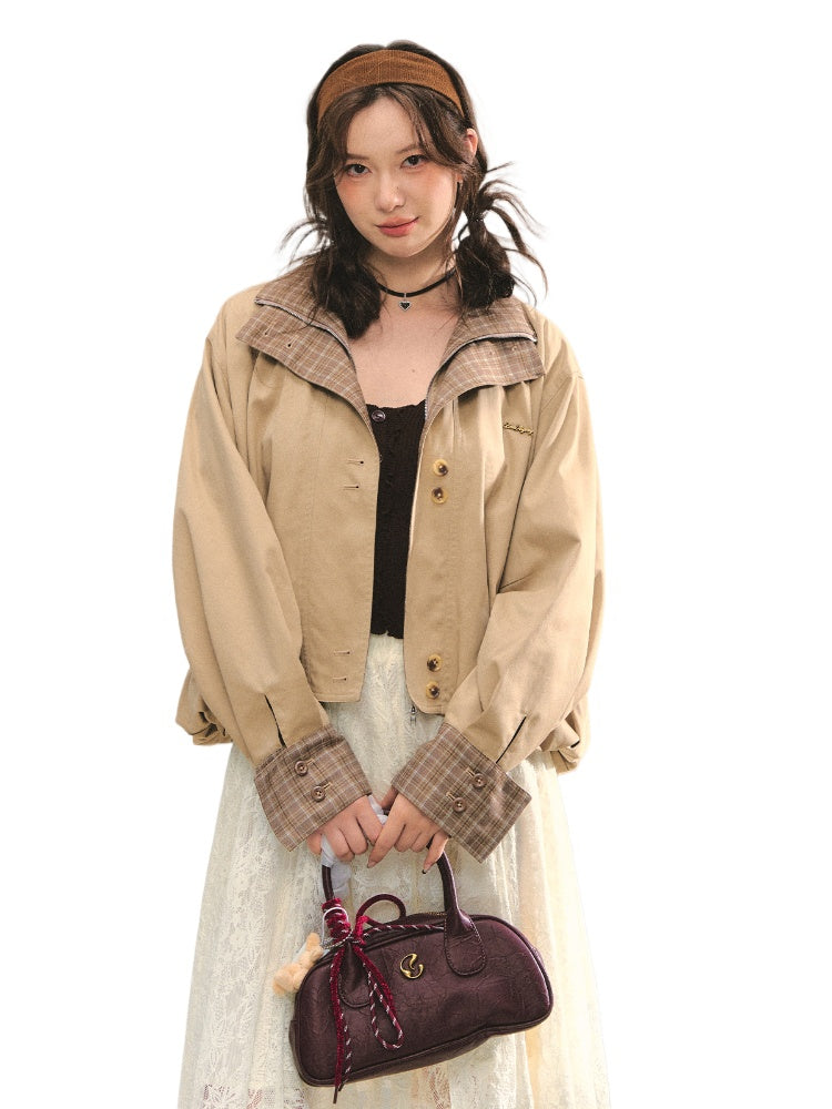 Two-piece Plaid Spliced Cocoon-shaped Trench Jacket - CHINASQUAD