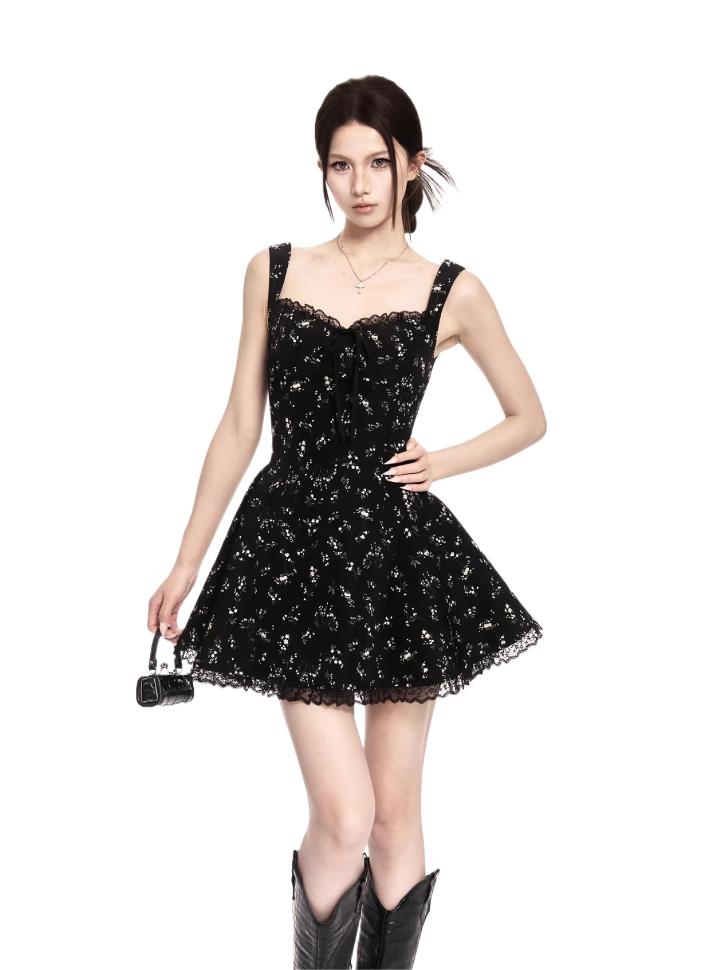 Midnight Bloom Square-Neck Floral Mini Dress