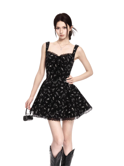 Midnight Bloom Square-Neck Floral Mini Dress