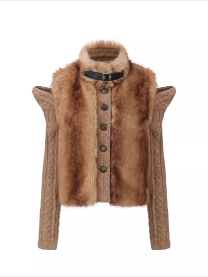 Detachable Sleeve Knit Eco-Fur Jacket