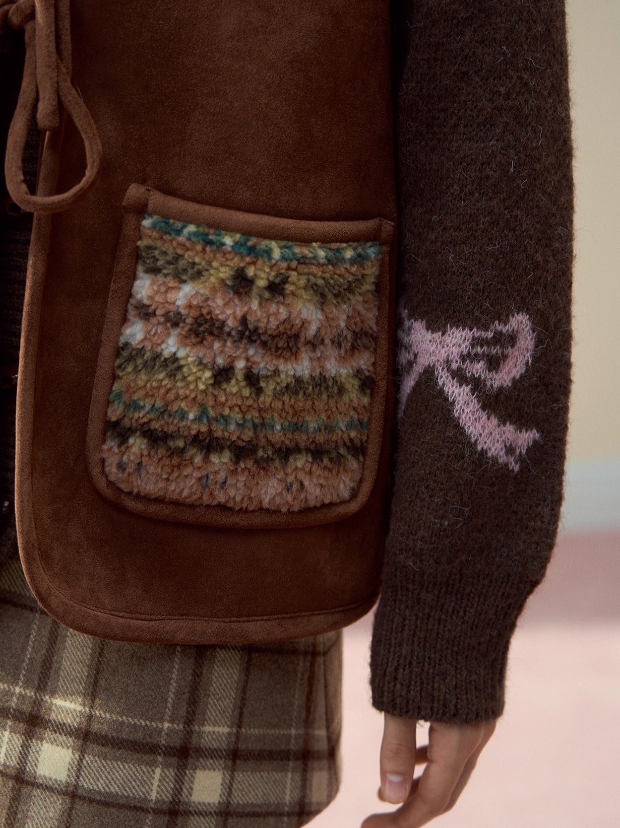 Mocha Fair Isle Reversible Tie-Front Shearling Vest