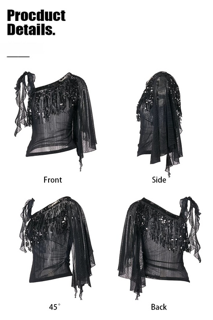 Black Asymmetric Sheer Lurex Mesh Fringe Top
