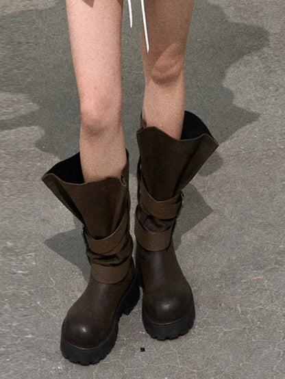 Vintage Petal-Tie Mid-Calf Leather Boots