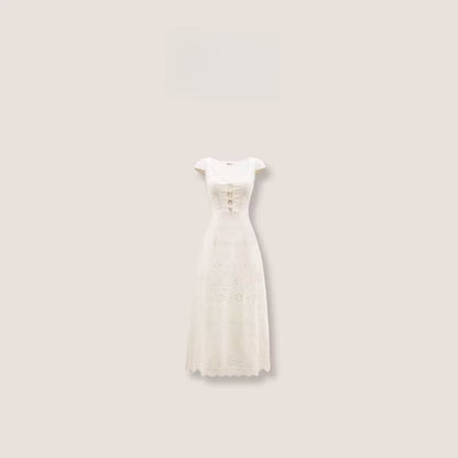 Cream White Lace-Panel Slim Fit Textured Dress
