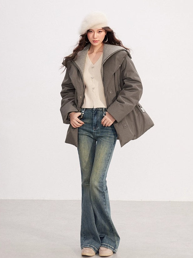 Belted Contrast-Knit Collar Down Coat