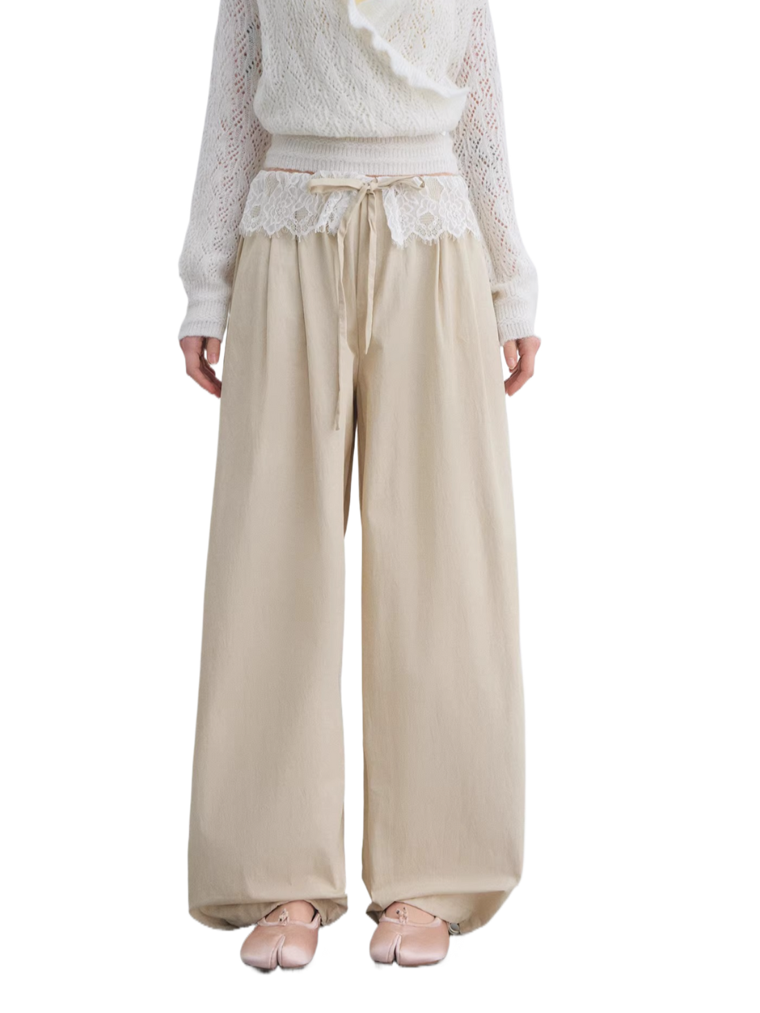 Lace Panel Drawstring Waist Wide-Leg Casual Pants
