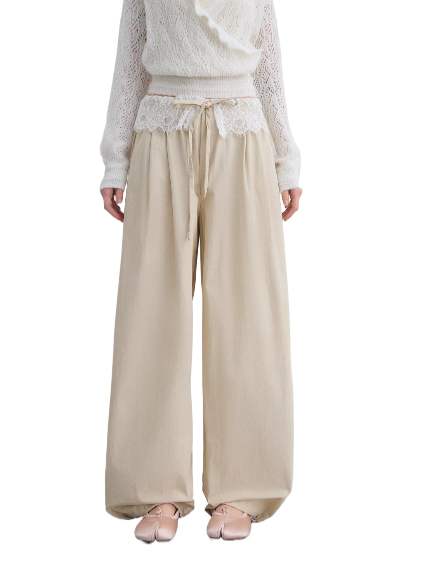 Lace Panel Drawstring Waist Wide-Leg Casual Pants