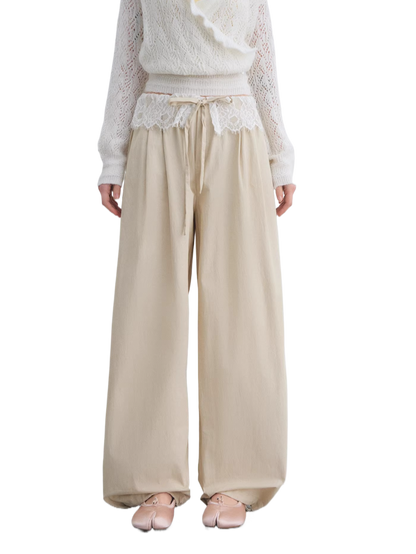 Lace Panel Drawstring Waist Wide-Leg Casual Pants