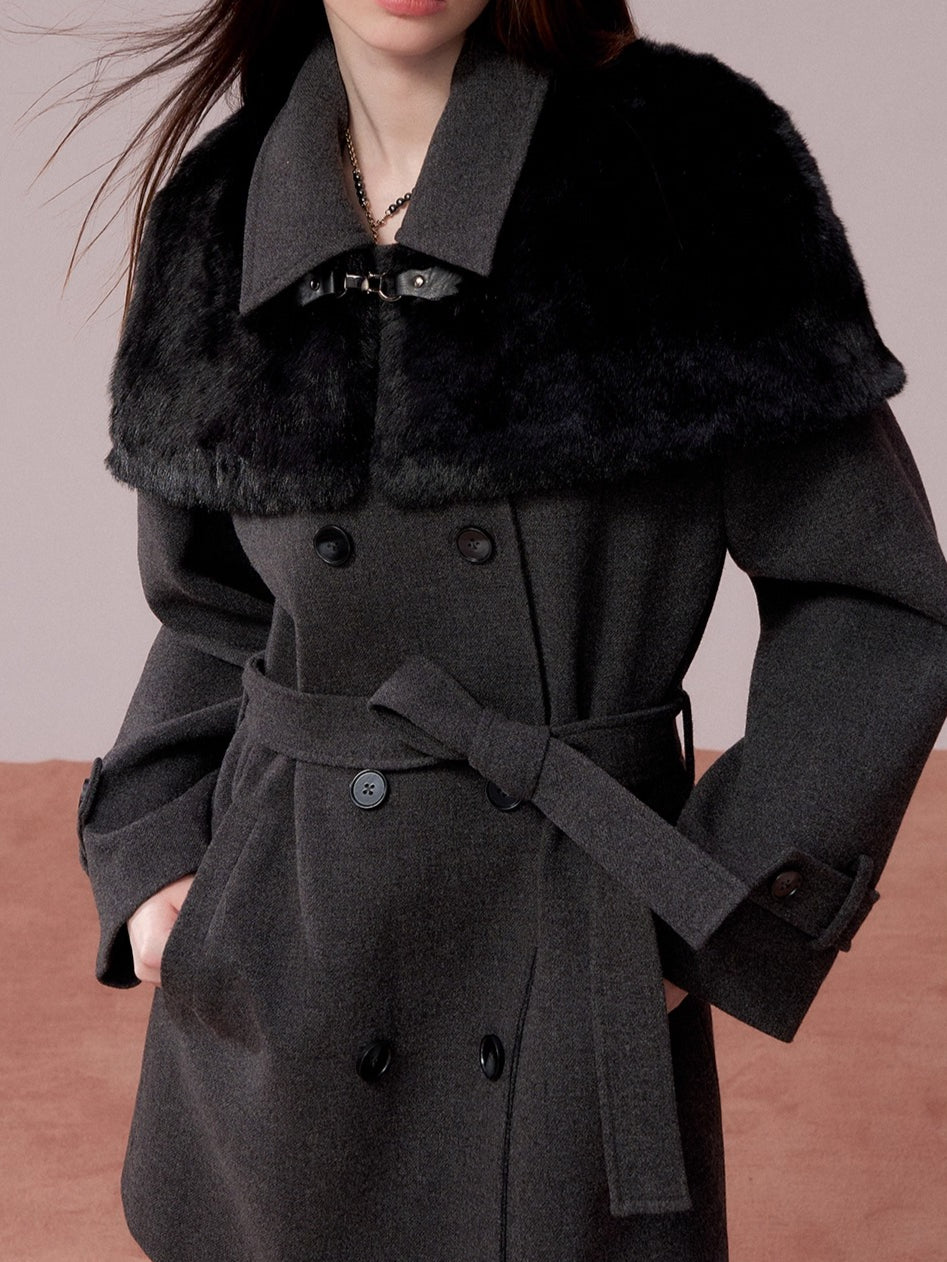 Faux-Fur Cape-Style Wool Coat