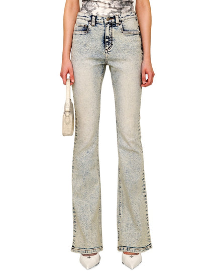 Retro Washed Elastic Flared Mid-Waist Long Pants
