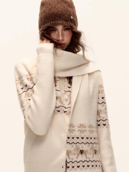 Fair Isle Wool-Blend Knit Cardigan &amp; Scarf Set