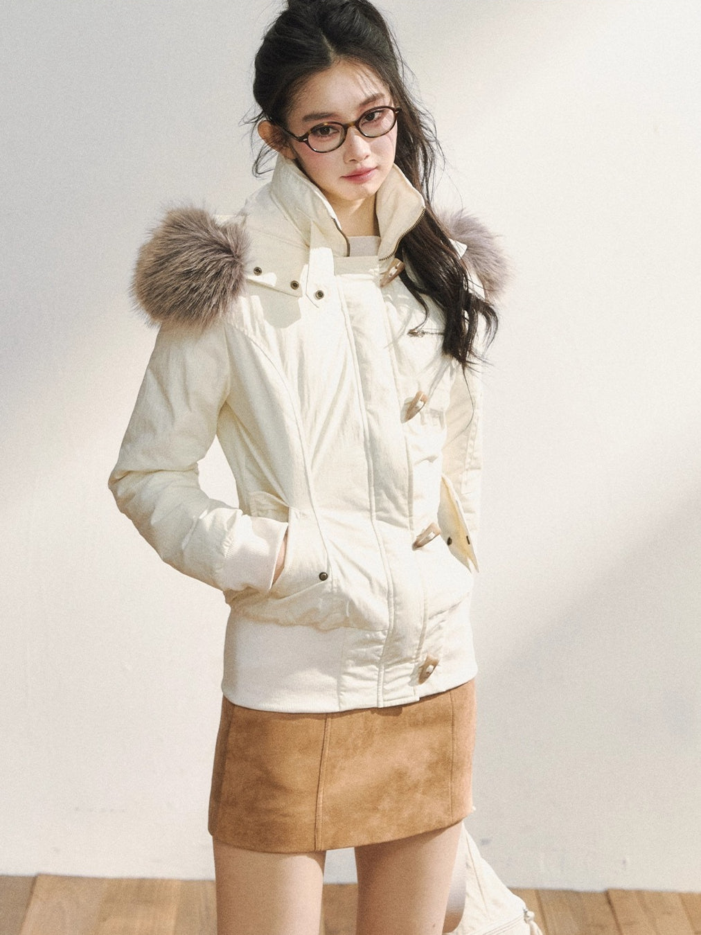 Two-Tone Faux Fur Collar Hooded Duffle Puffer Jacket