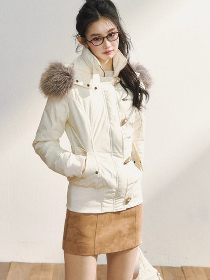 Two-Tone Faux Fur Collar Hooded Duffle Puffer Jacket