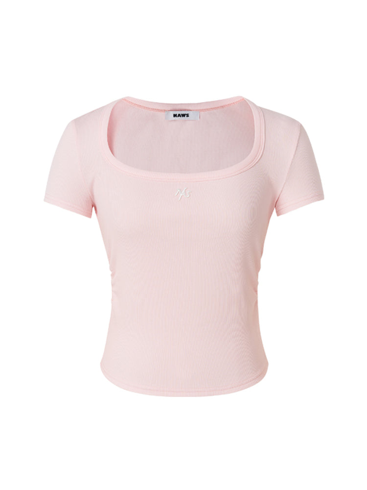 Ice Silk Ribbed Waist Cinching Round Corner T-Shirt