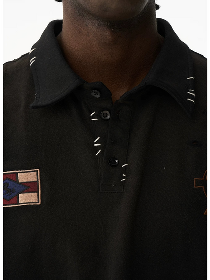 Washed Vintage Embroidered Knit Polo Shirt