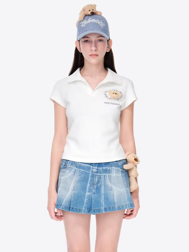 Rhinestone-Embellished Slim-Fit Cropped Polo T-Shirt